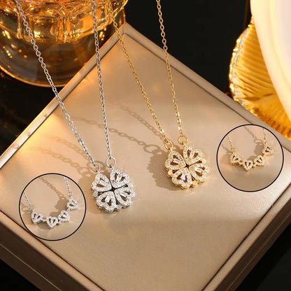 LovaCharm™ 4-in-1 Magnetic Heart & Clover Necklace – Love, Luck, and a Touch of Magic